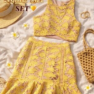Gianni Bini Yellow Lace Two Piece Set Skirt & Crop Top Size S Summer Co-Ord